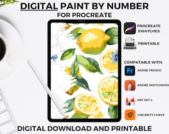 Kit de pintura digital Lemons para adultos para Procreate, colorir por números, download instantâneo digital, paleta de páginas para colorir de arte de parede para impressão