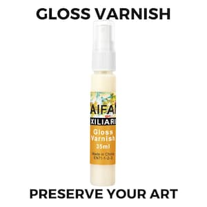 May include: A clear bottle of gloss varnish with a white cap. The bottle is labeled "AIFAI XILIARI Gloss Varnish 35ml Made in China EN71-1-2-3".