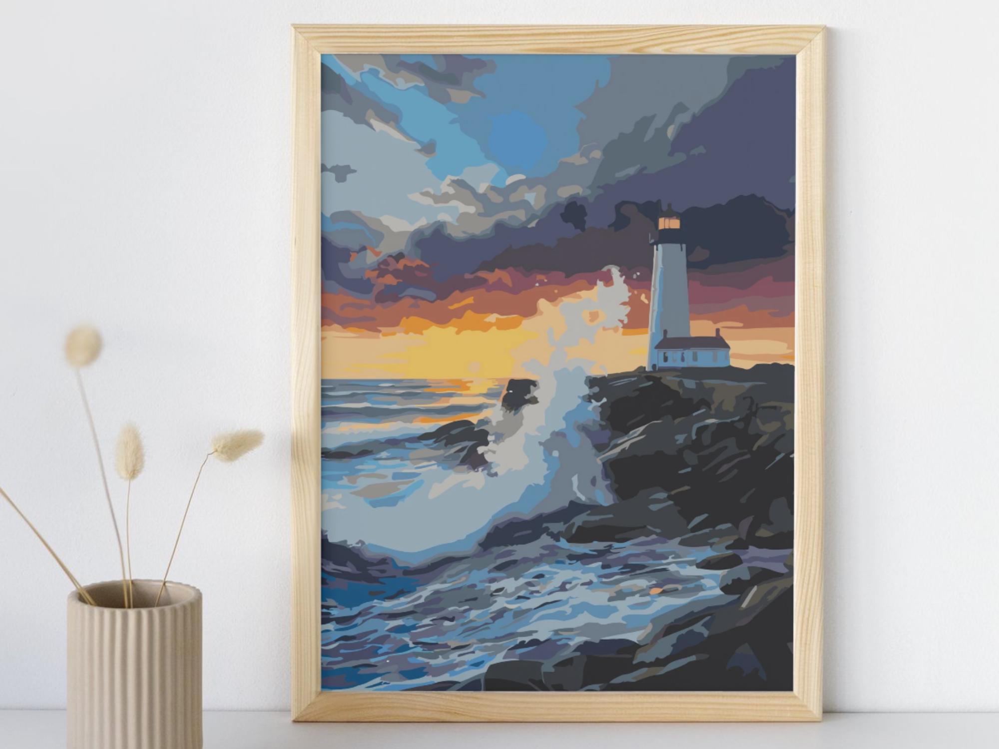 風景画 灯台 灯台の風景画 数字で描くキット 大人向け ミニマルでシックなDIY
