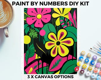 Kit de pintura floral neon da NUMBERS para adultos, minimalista, chique, faça você mesmo, pintura fácil para iniciantes, kit de pintura para hobby, arte de parede, decoração abstrata, presente