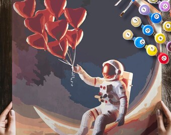 Astronaut PAINT by NUMBERS Kit Adults Minimalistic Chic DIY Painting Easy Beginners Hobby Painting Kit Wall Art Gift Mum Hearts Galaxy Space