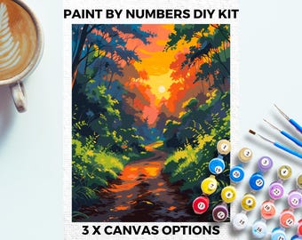 Zonsondergang bos VERF door NUMMERS Kit volwassenen minimalistisch chique DIY schilderij gemakkelijk beginners hobby schilderij Kit muur reizen kunst cadeau moeder jungle
