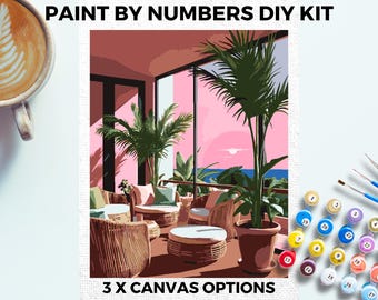 Kit de pintura de pôr do sol de planta rosa da NUMBERS para adultos, pintura minimalista chique faça você mesmo, kit de pintura fácil para iniciantes, arte de parede, presente para mãe e namorada