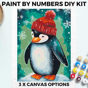 Penguin Christmas PAINT by NUMBERS Kit Adults Minimalistic Chic DIY Painting Easy Beginners Hobby Painting Kit Wall Art Gift