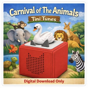 May include: A red audio player with a white swan figurine on top, surrounded by cartoon animals like an elephant, lion, and zebra. The text "Carnival of The Animals" and "Tini Tunes" are displayed above. The text "Digital Download Only" is displayed below.