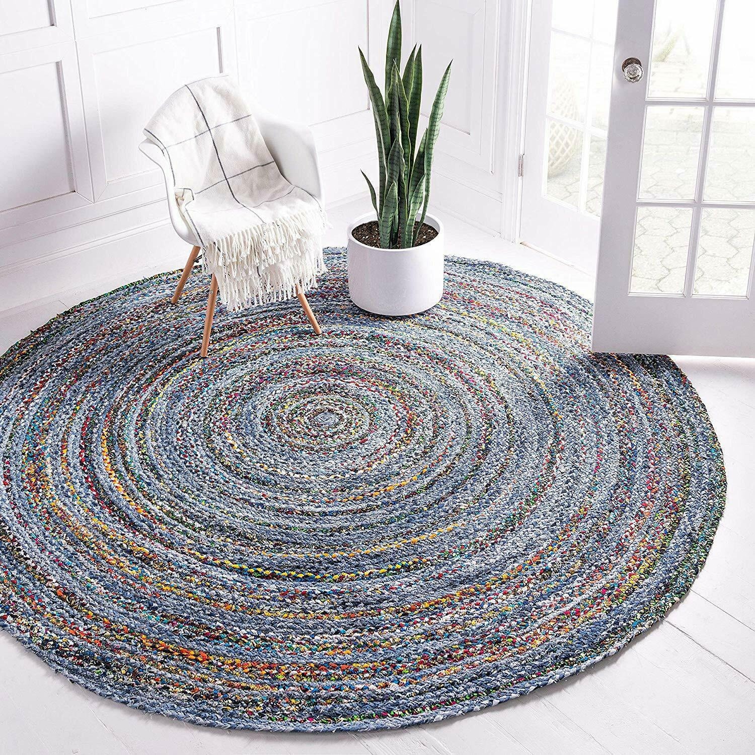 Hand braided Recycled Denim Rug Bohemian Cotton Chindi Round Etsy