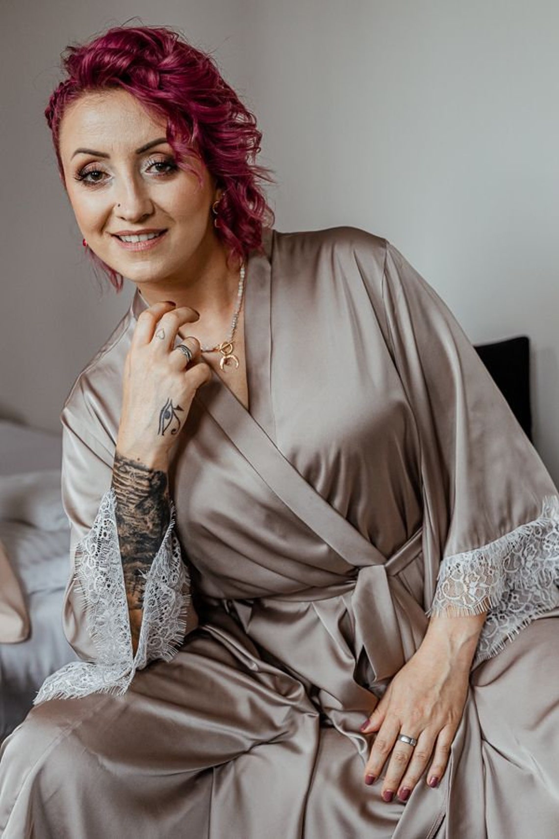 Long Silk Robe With Lace Curvy Lingerie Purple Plus Size Robe Etsy