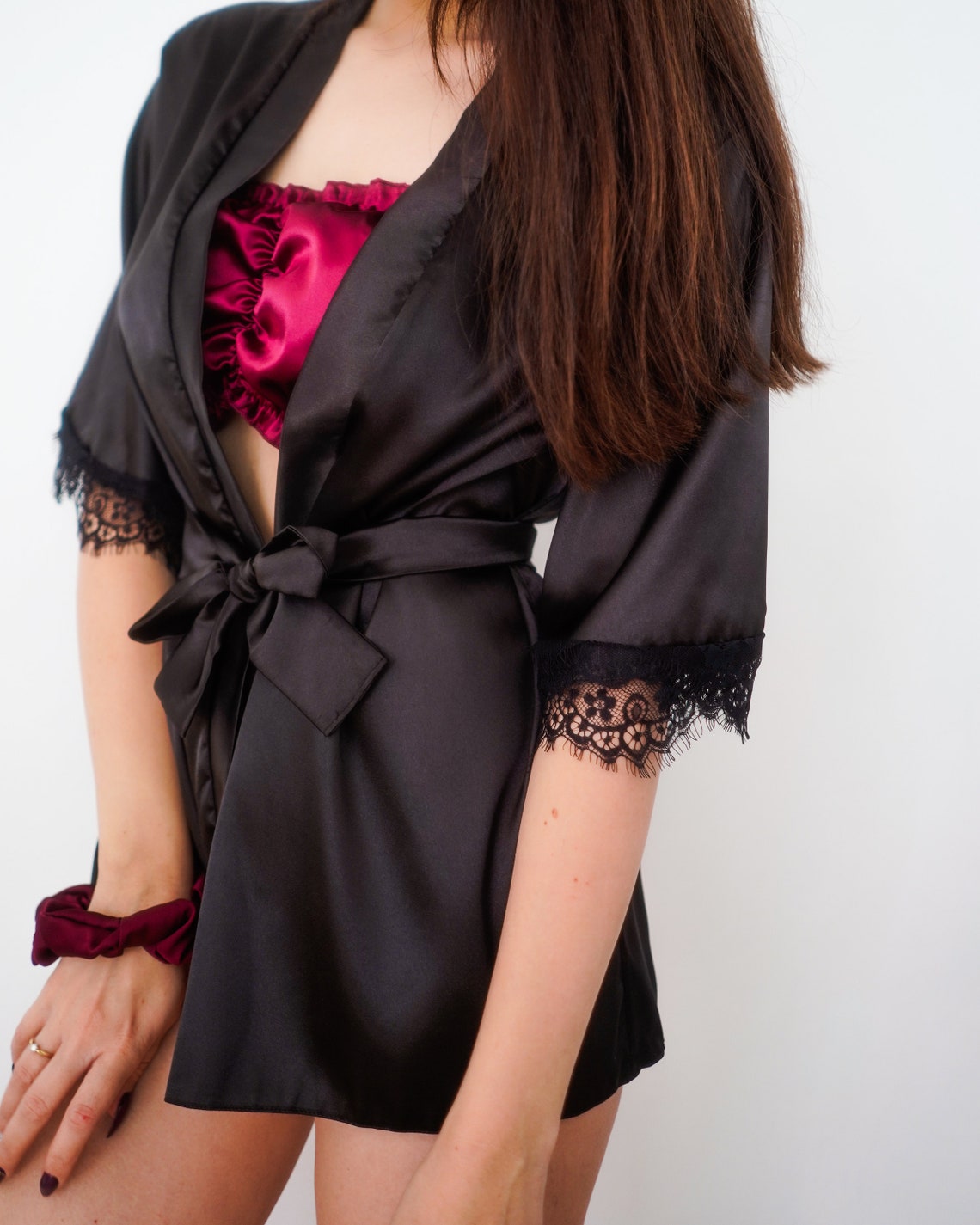 Short black robe Silk robe for women with lace Plus size silk Etsy