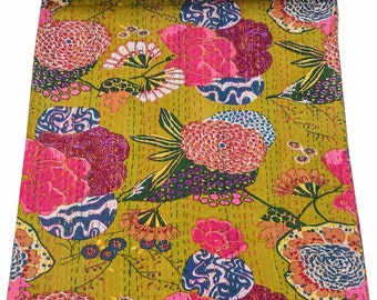 Couette Kantha imprimée de fruits verts Couverture Kantha bohème Linge de lit indien fait main en Kantha Courtepointes à vendre et cadeaux Couvertures matelassées