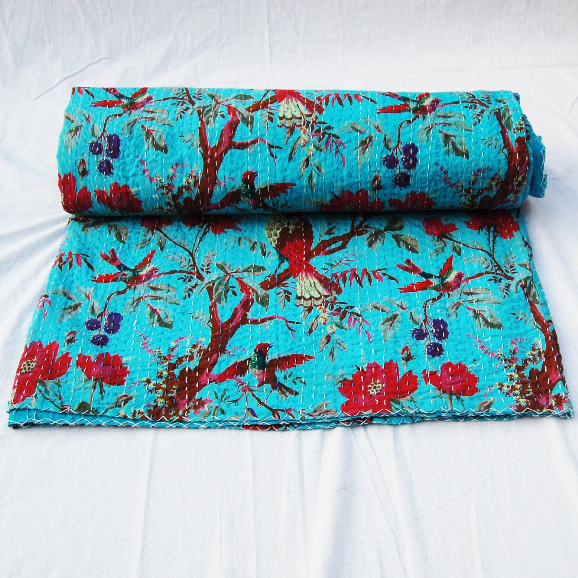 Turquiose Indian Cotton Bird Print Kantha Quilt Bedding Throw Etsy