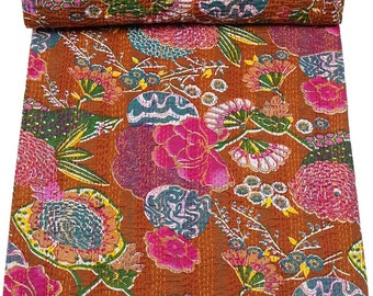 Couverture matelassée en coton à imprimé fruits Couvre-lit indien fait main pour lits jumeaux, décoration de lit bohème Kantha Work.