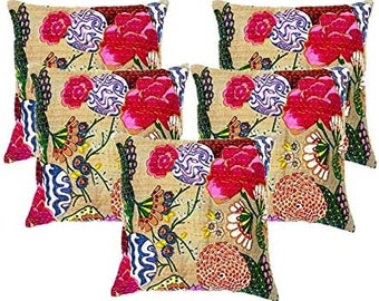 Set of 5 Pc Handmade Antique Beige Kantha Throw Pillow, Indian Bohemian Cushion Cover, Home Decor Cushion ,  Boho Pillow Cover