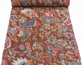 Couette kantha marron à imprimé mukut fait main, jetée kantha, couvre-lit, lit simple/très grand lit, couette en coton