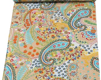 Trapunta kantha beige in cotone indiano Biancheria da letto copridivano copriletto singolo/matrimoniale/king size Coperta fatta a mano paisley