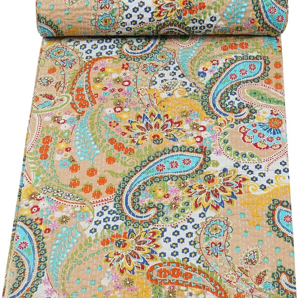 Couette kantha beige en coton indien Literie jeté de canapé couvre-lit simple/double/king size Couverture faite main cachemire