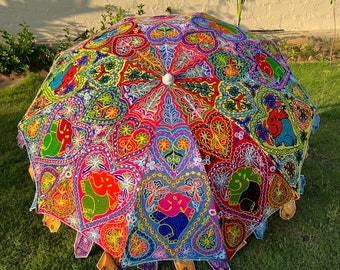 Neuer indischer handgemachter weißer Elefant-Gartenschirm, Hippie-dekoratives Thema-Hochzeits-Mittelstück-Tischschirm, im Freien großer Patio-Sonnenschirm