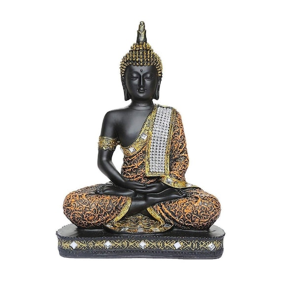 Estatua de Buda - Vestido de cuerpo negro, antigüedades azules, 8 pulgadas  de alto, patrón decorativo, mantra, buda, decoración del hogar, oficina