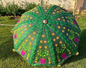 New Green Elephant Embroidery Garden Beautiful Umbrella, Indian Wedding Garden Umbrella Outdoor Patio Parasol, Sun Protect Parasol