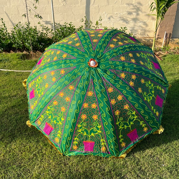 New Green Elephant Embroidery Garden Beautiful Umbrella, Indian Wedding Garden Umbrella Outdoor Patio Parasol, Sun Protect Parasol