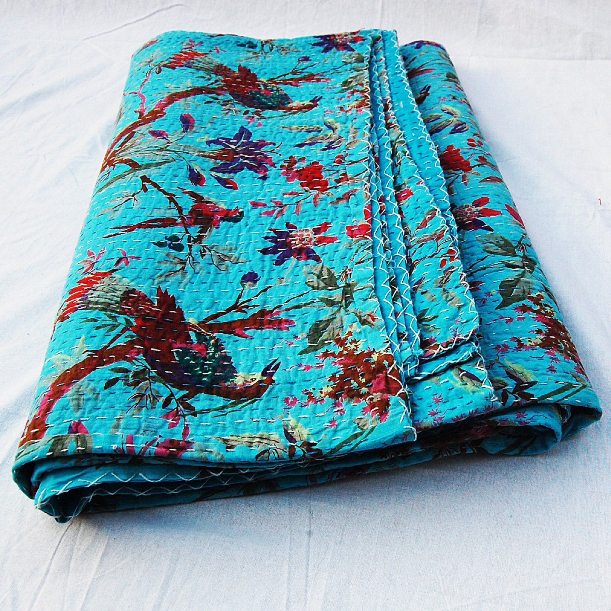 Turquiose Indian Cotton Bird Print Kantha Quilt Bedding Throw Etsy