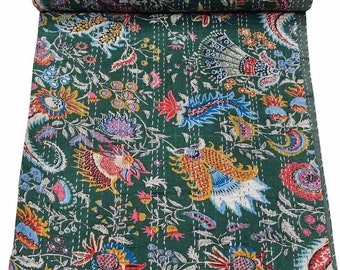 Edredón kantha de algodón verde indio, ropa de cama, colcha de sofá, decoración del hogar, estampado Mukut hecho a mano