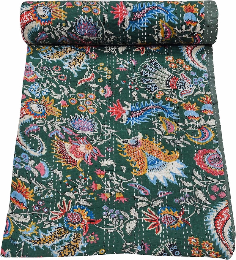 Indische grüne Kantha-Steppdecke aus Baumwolle, Bettüberwurf, Sofaüberwurf, Tagesdecke, Heimdekoration, handgefertigter Mukut-Druck Bild 1