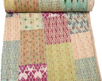 Indische Patchwork-Seiden-Kantha-Steppdecke, Bettüberwurf, Sofaüberwurf, Tagesdecke, handgefertigte Decke