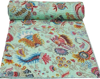 Couette indienne Mukut Kantha, jetée fait main, couverture réversible, couvre-lit, tissu en coton, courtepointe bohème, couvre-lits chics