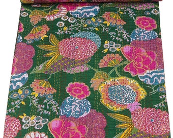 Couverture matelassée en coton vert imprimé de fruits Couvre-lit indien fait main pour lits jumeaux Kantha Work, décoration de lit bohème