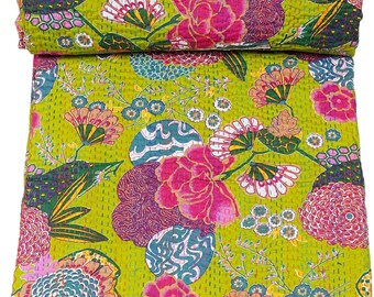 Couette Kantha à imprimé fruits, perroquet, literie bohème verte, couvre-lit réversible, couette ethnique décorative, jetée, courtepointe faite main Kantha