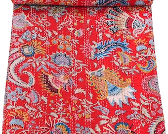 Couette rouge indienne Couette faite main en coton Couvre-lits cousus Boho Mukut Kantha couvre-lit réversible Queen
