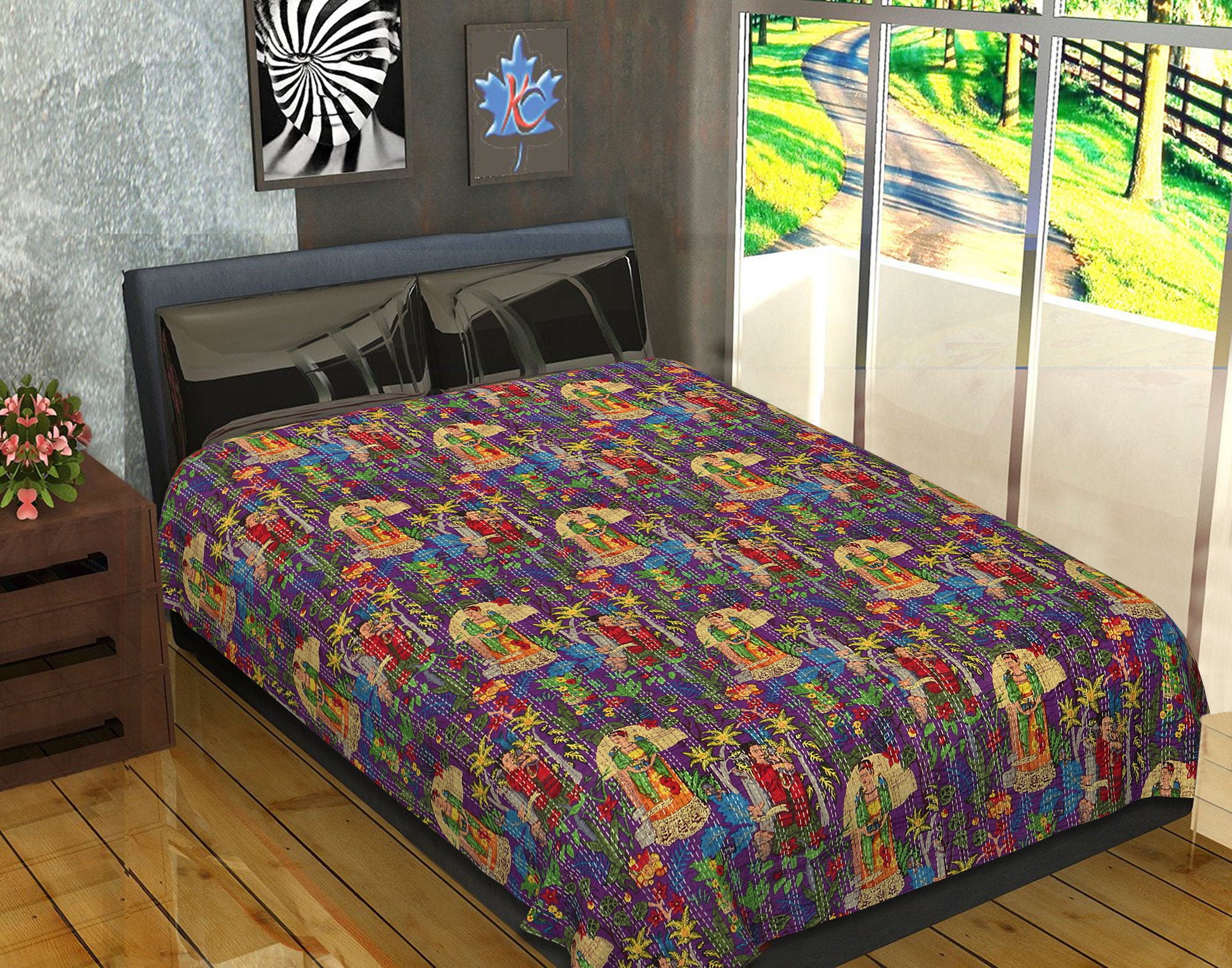 Frida Kahlo Printed Cotton Quilted Blanket Indian Handmade Bedspread Kantha Work Bohemian Bed Decor Throw Blanket Frida Kahlo Printed Cotton Quilted Blanket Indian Handmade Bedspread Kantha Work Bohemian Bed Decor Throw Blanket