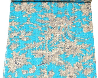 Couette kantha turquoise en coton indien Literie jeté de canapé couvre-lit taille unique Couverture faite main Imprimé floral