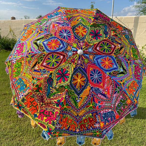 Beautiful Embroidery Umbrella, Indian Handmade Large Parasol Outdoor Patio Decoration, bohemian Beach Umbrella, Garden Umbrellas