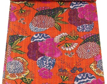 Trapunta Kantha indiana fatta a mano con disegno di frutta, copriletto in cotone Kantha, copriletto Boho chic, 90 x 60 pollici.