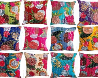 Multi Color indian kantha fruit print cushion Cover, Handmade Vintage Kantha Cushion Cover, decorative cushion