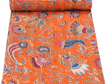 Mukut Kantha orange indien jeté de couette Kantha fait main motif cachemire coton Kantha couvre-lit jeté couvre-lit bohème