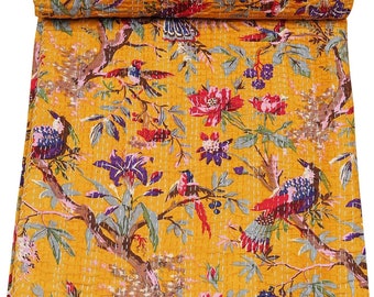 Couette Kantha jaune indienne, très grande taille, couverture de couette en coton Kantha kantha pouces, courtepointe Kantha, imprimé oiseau, couette faite main