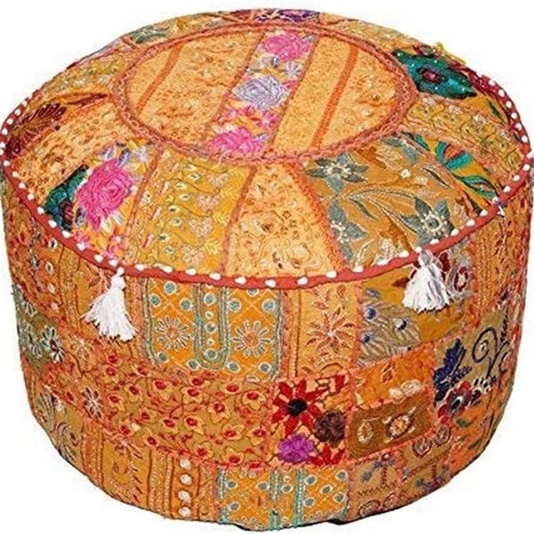 Indian Home Decor Orange Ottoman Handmade Pouf, Comfortable Floor Cushion Embellished with Patchwork Embroidery Work Ethnic Footstool