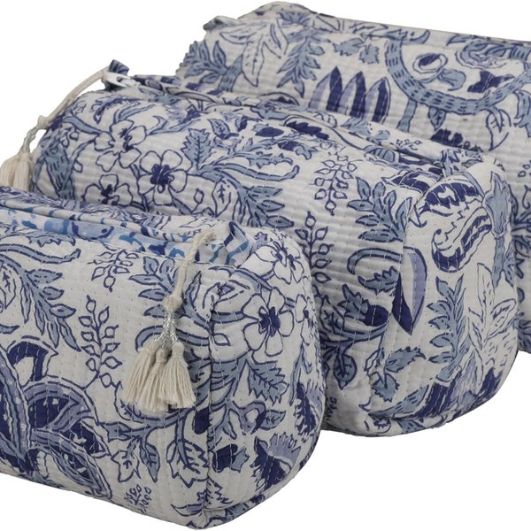Cotton Blue Storage Bag, Quilted Wash Bag, Set of 3 Pieces Indian Handmade Floral Print makeup Bag, Hand Block Fabric Stitch Travel bag