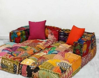 Indian KanthaSofaHandmade Patchwork Floor Bohemian 2 Seat Sofa WITH 2 pillow cover Indian Modular Sofa Ethnic Multicolored Custom size