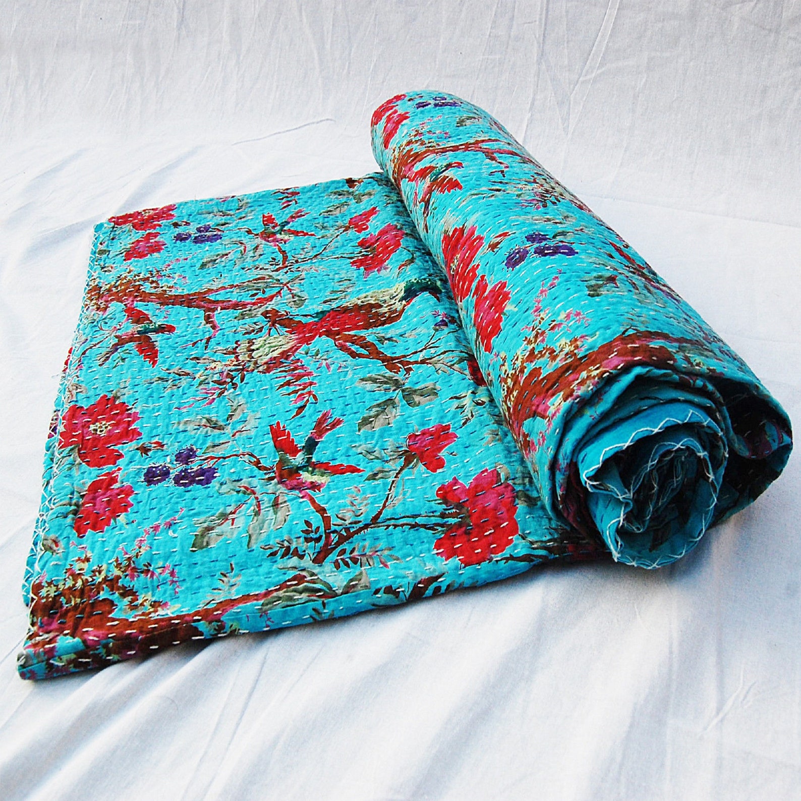Turquiose Indian Cotton Bird Print Kantha Quilt Bedding Throw Etsy