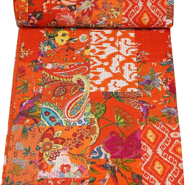 Orange Patchwork Kantha Quilt Handmade Vintage Quilts Boho King Size Bedding Throw Blanket Bedspread Quilting Hippie Quilts For Sale