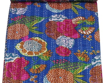 Couette Kantha à imprimé de fruits Courtepointes vintage faites à la main Literie bohème king size Couvre-lit Quilting Courtepointes hippie à vendre