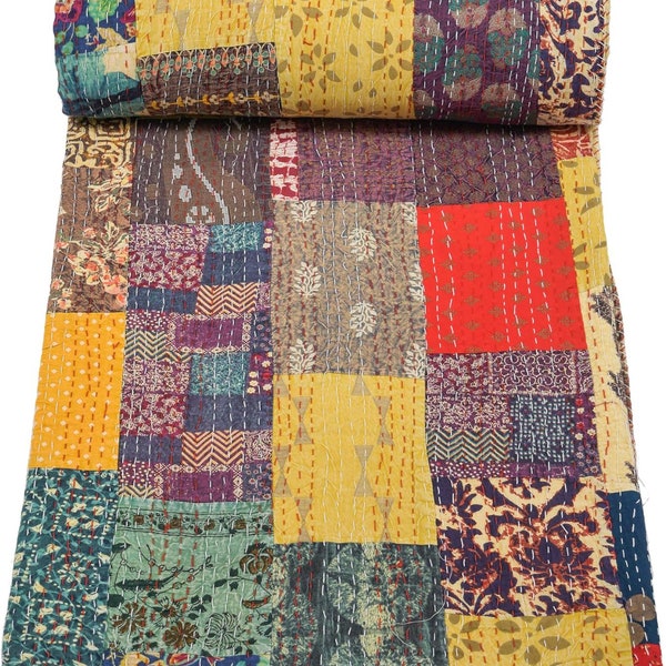 Bohemian Decor Indian Handmade Quilt Cotton Throw Coverlets Hippie Stitched Bedspread Boho Patchwork  Bedcover Reversible Queen Quilt