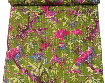 Courtepointe imprimée oiseau Courtepointe Kantha Fait main courtepointe vintage Literie Boho king size Couvre-lit Quilting Courtepointes hippie à vendre