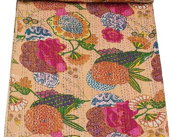 Kantha-Steppdecke mit Fruchtdruck, indischer handgefertigter Überwurf, Wendedecke, Tagesdecke, Baumwollstoff, Boho-Boho-Steppdecke, schicke Bettwäsche