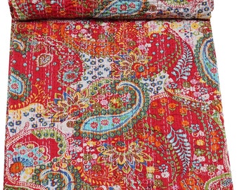 Indische Baumwolle Rot Kantha Quilt Bettwäsche werfen Sofa Sofa Tagesdecke Einzel / Doppel / King Size handgemachte Decke Paisley Print