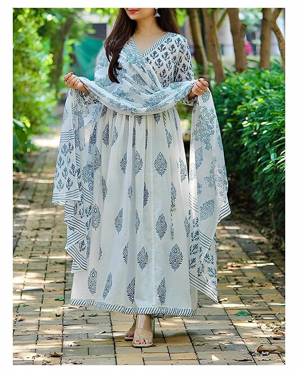 Women s Cotton Printed White Anarkali Kurta With Palazzo Dupatta