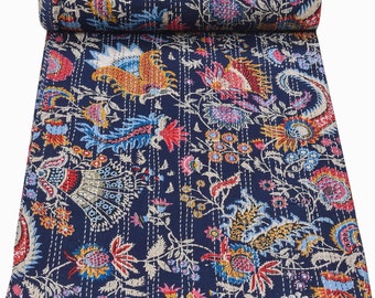 Indische blaue Kantha-Steppdecke aus Baumwolle, Überwurf, Sofaüberwurf, Tagesdecke, Heimdekoration, handgefertigt, Mukut-Druck, Farbe